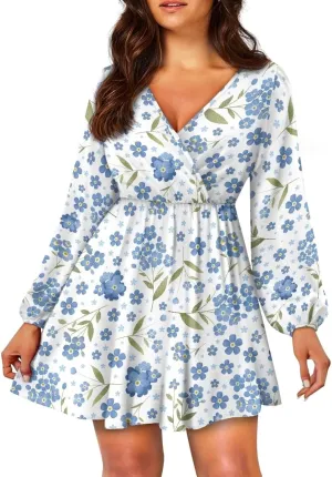 Long Sleeve Womens Dress Casual Flowy Deep V Neck Wrap Mini Dress Elastic Waist Ruffle A-Line Pleated Dresses