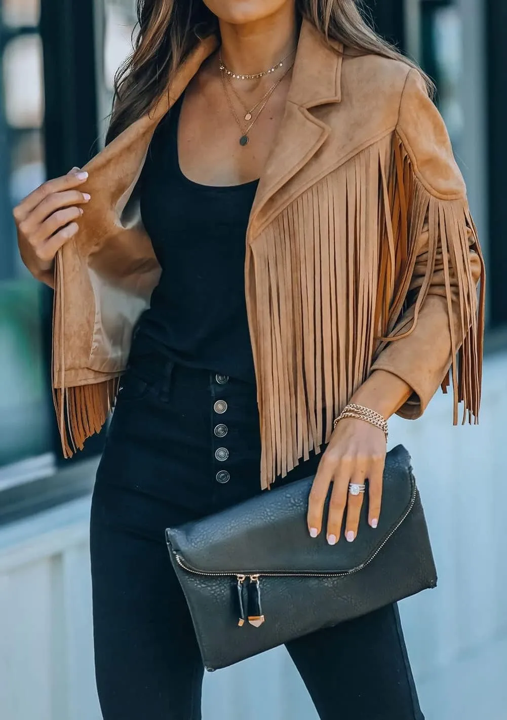loveimgs Women Faux Suede Fringe Jacket Western Tassel Cropped Jacket Biker Motorcycle Leather Jacket