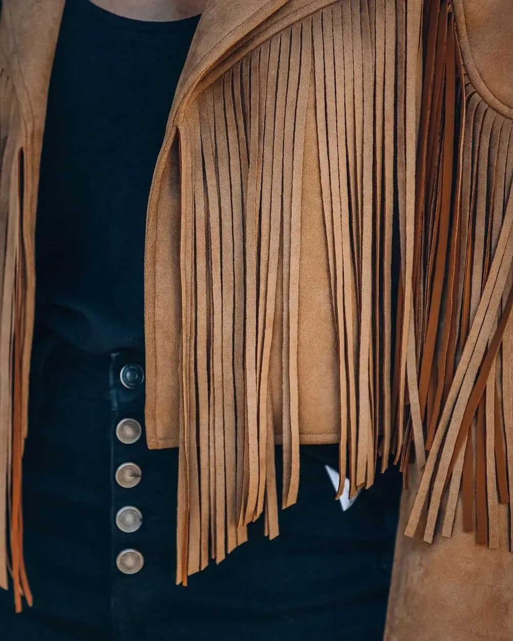 loveimgs Women Faux Suede Fringe Jacket Western Tassel Cropped Jacket Biker Motorcycle Leather Jacket