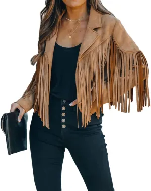 loveimgs Women Faux Suede Fringe Jacket Western Tassel Cropped Jacket Biker Motorcycle Leather Jacket