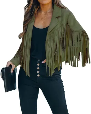 loveimgs Women Faux Suede Fringe Jacket Western Tassel Cropped Jacket Biker Motorcycle Leather Jacket