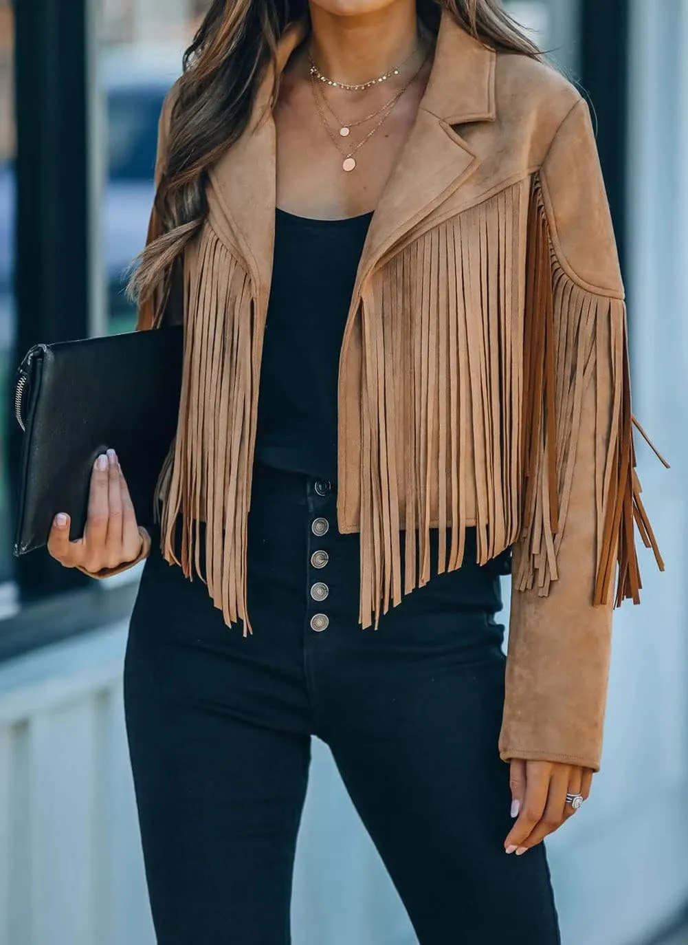 loveimgs Women Faux Suede Fringe Jacket Western Tassel Cropped Jacket Biker Motorcycle Leather Jacket