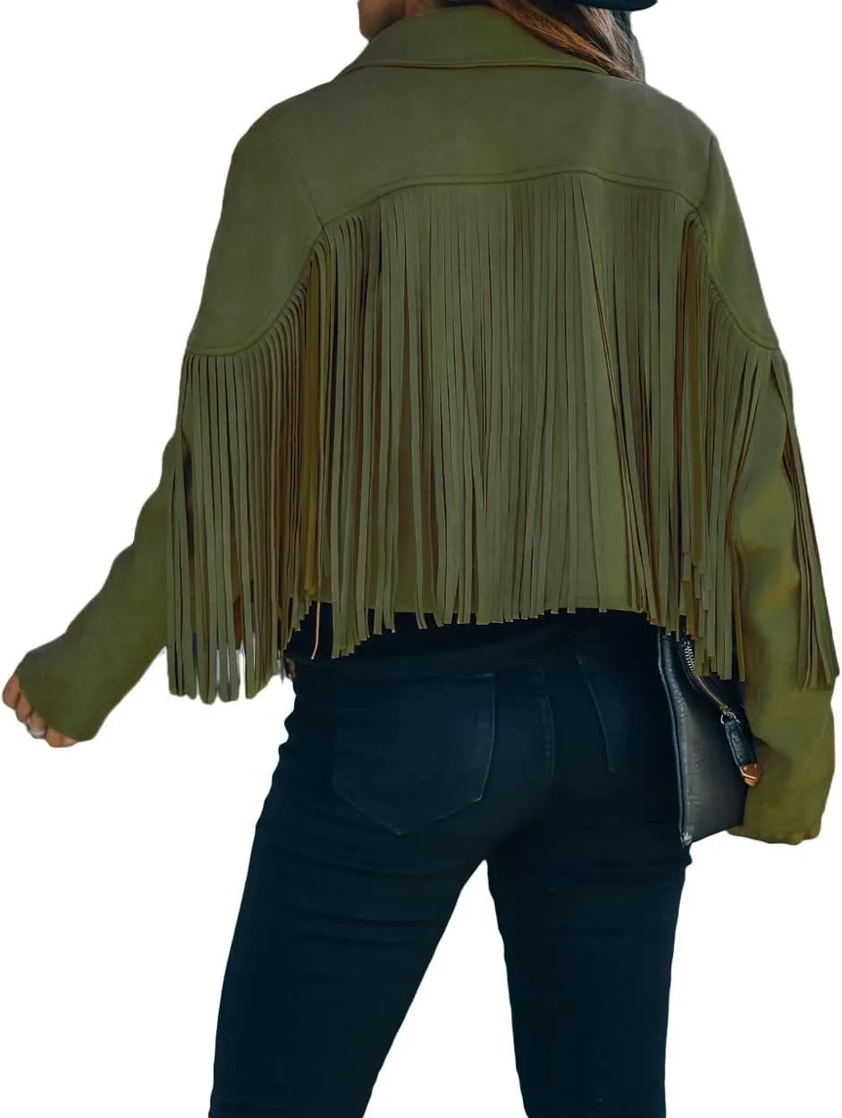loveimgs Women Faux Suede Fringe Jacket Western Tassel Cropped Jacket Biker Motorcycle Leather Jacket