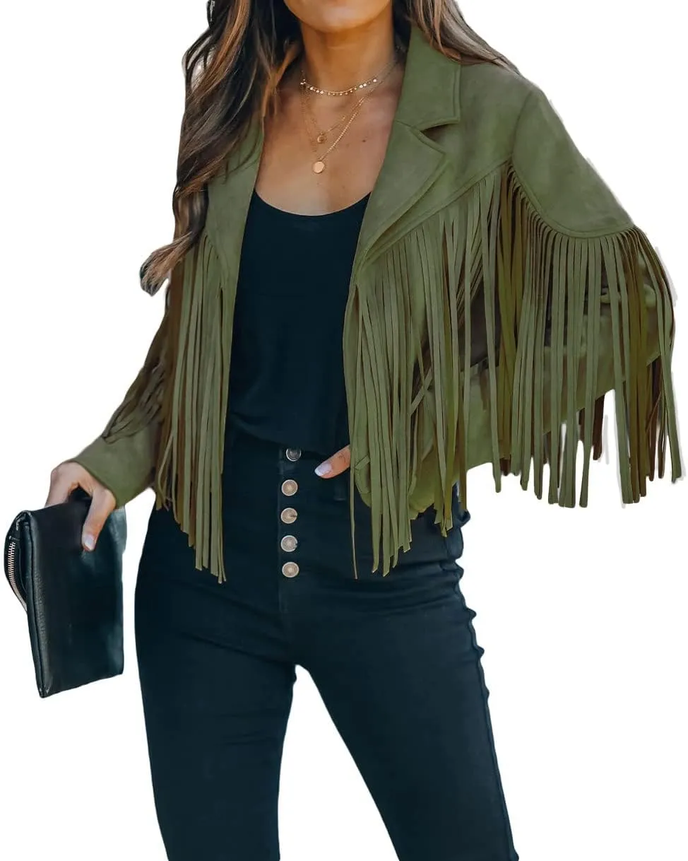 loveimgs Women Faux Suede Fringe Jacket Western Tassel Cropped Jacket Biker Motorcycle Leather Jacket