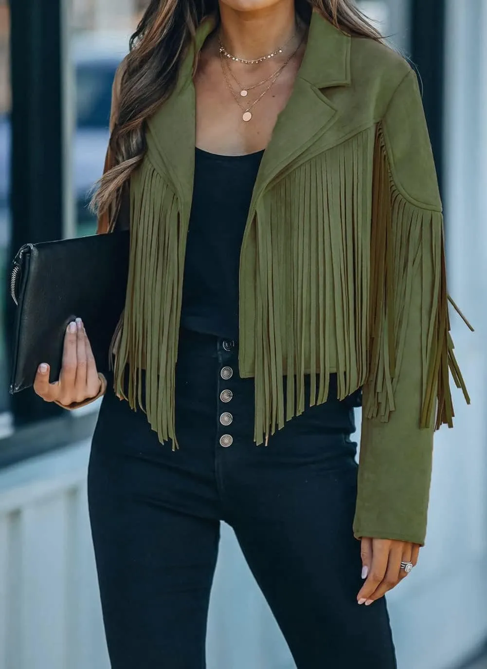 loveimgs Women Faux Suede Fringe Jacket Western Tassel Cropped Jacket Biker Motorcycle Leather Jacket