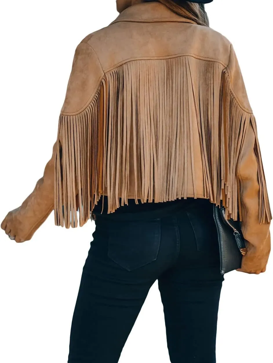 loveimgs Women Faux Suede Fringe Jacket Western Tassel Cropped Jacket Biker Motorcycle Leather Jacket