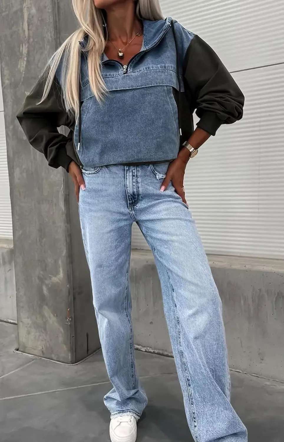 loveimgs Women Loose Denim Shirt Jean Jacket Hoodie Half Zip Pullover Sweatshirt Long Sleeve Hooded Patchwork Jumper