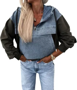 loveimgs Women Loose Denim Shirt Jean Jacket Hoodie Half Zip Pullover Sweatshirt Long Sleeve Hooded Patchwork Jumper