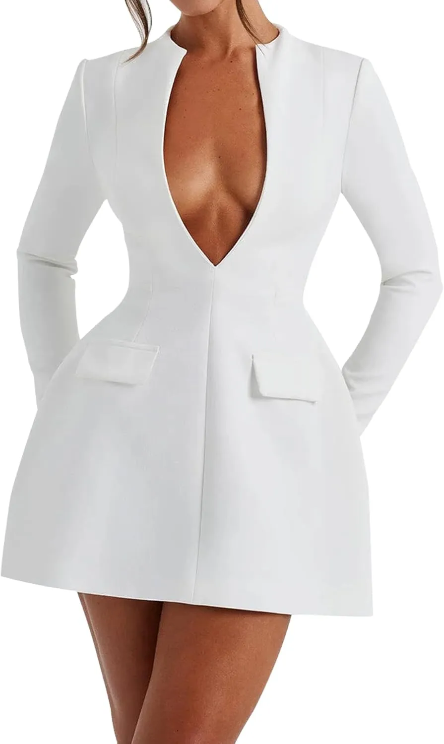 LuFeng Women's Long Sleeve Sexy Deep V Neck Zipper A-line Mini Dress Hollow Bodycon Night Out Party Dress