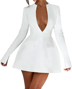 LuFeng Women's Long Sleeve Sexy Deep V Neck Zipper A-line Mini Dress Hollow Bodycon Night Out Party Dress