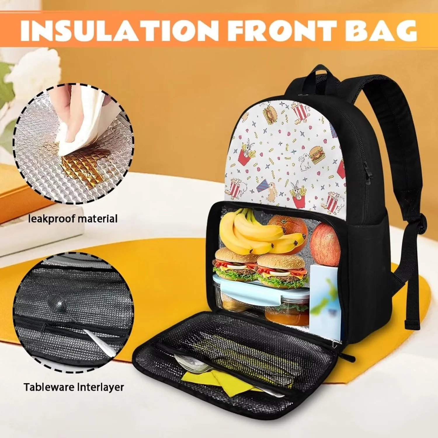 Lunch Shoulder Bag for Primary Kids-Vegetarian Rabbit 2-in-1 Backpack Insulated Cooler,with Lunch Compartment and Backpack Handle,Water Resistant Easy Clean for Camping School