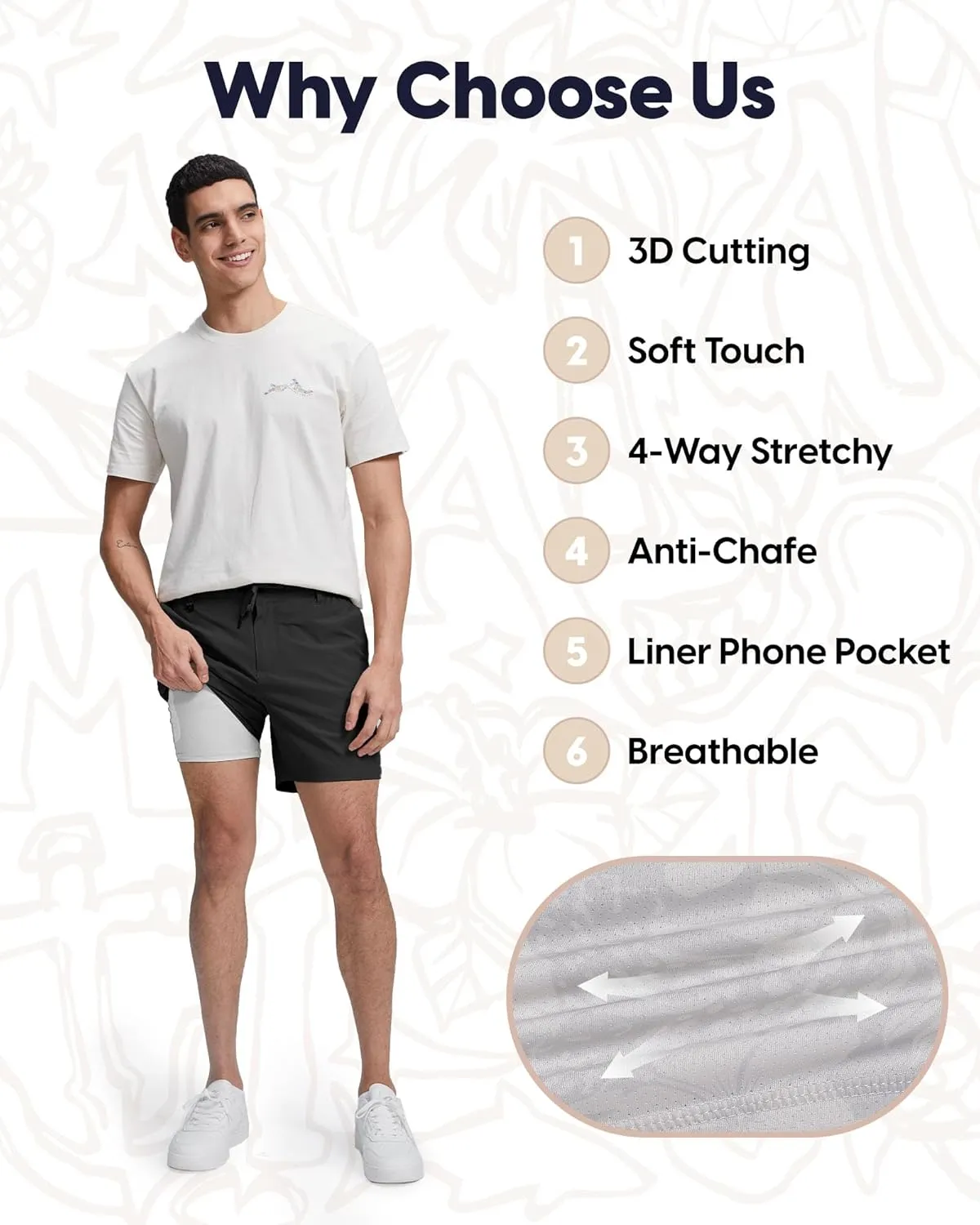 maamgic Mens Casual Shorts with Compression Liner 5/7 Inch Classic Fit Khaki Shorts