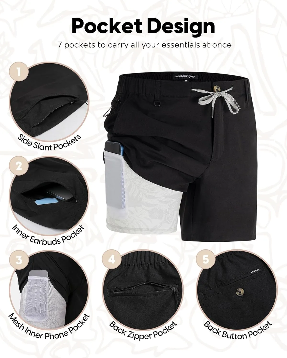 maamgic Mens Casual Shorts with Compression Liner 5/7 Inch Classic Fit Khaki Shorts
