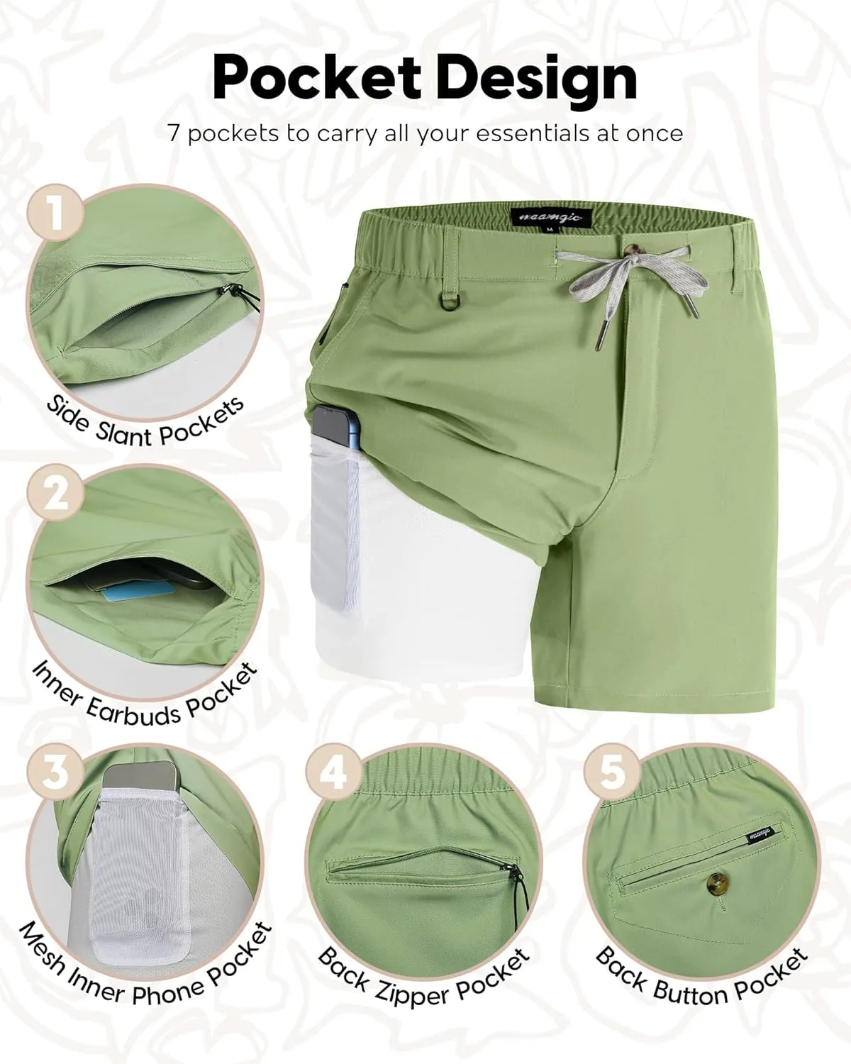 maamgic Mens Casual Shorts with Compression Liner 5/7 Inch Classic Fit Khaki Shorts