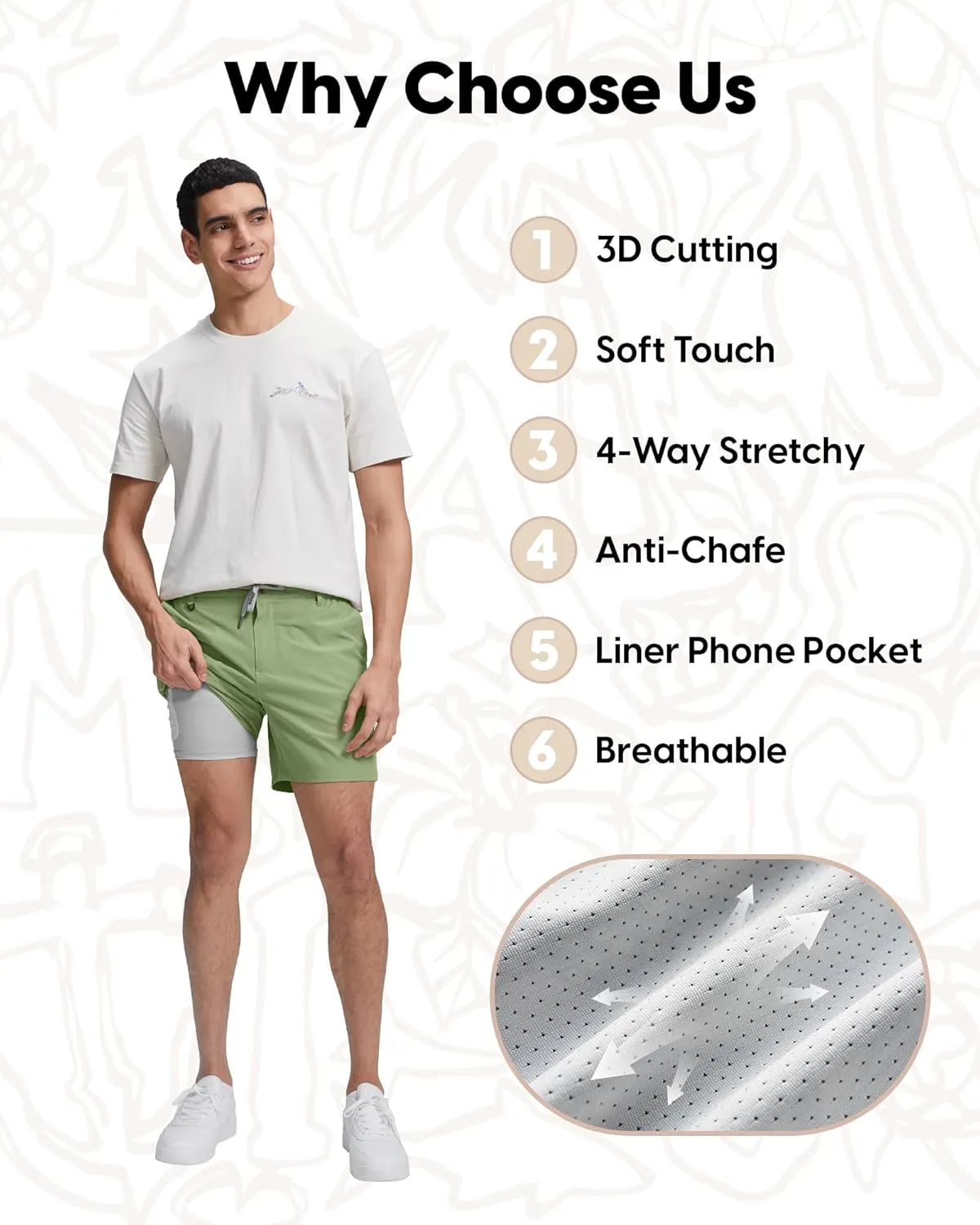 maamgic Mens Casual Shorts with Compression Liner 5/7 Inch Classic Fit Khaki Shorts