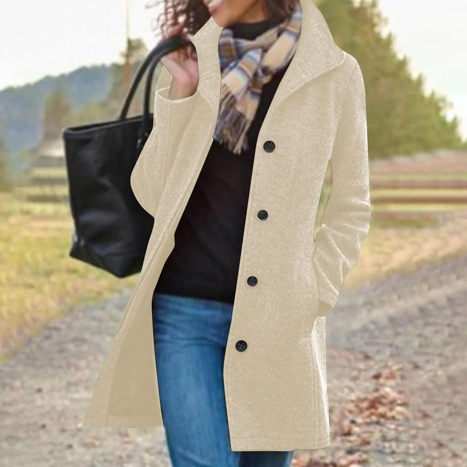 maisdgop Trench Coat Women Faux Wool Single Breasted Pea Coat Mid Length Jackets Oversized Loose Long Sleeve Windbreaker