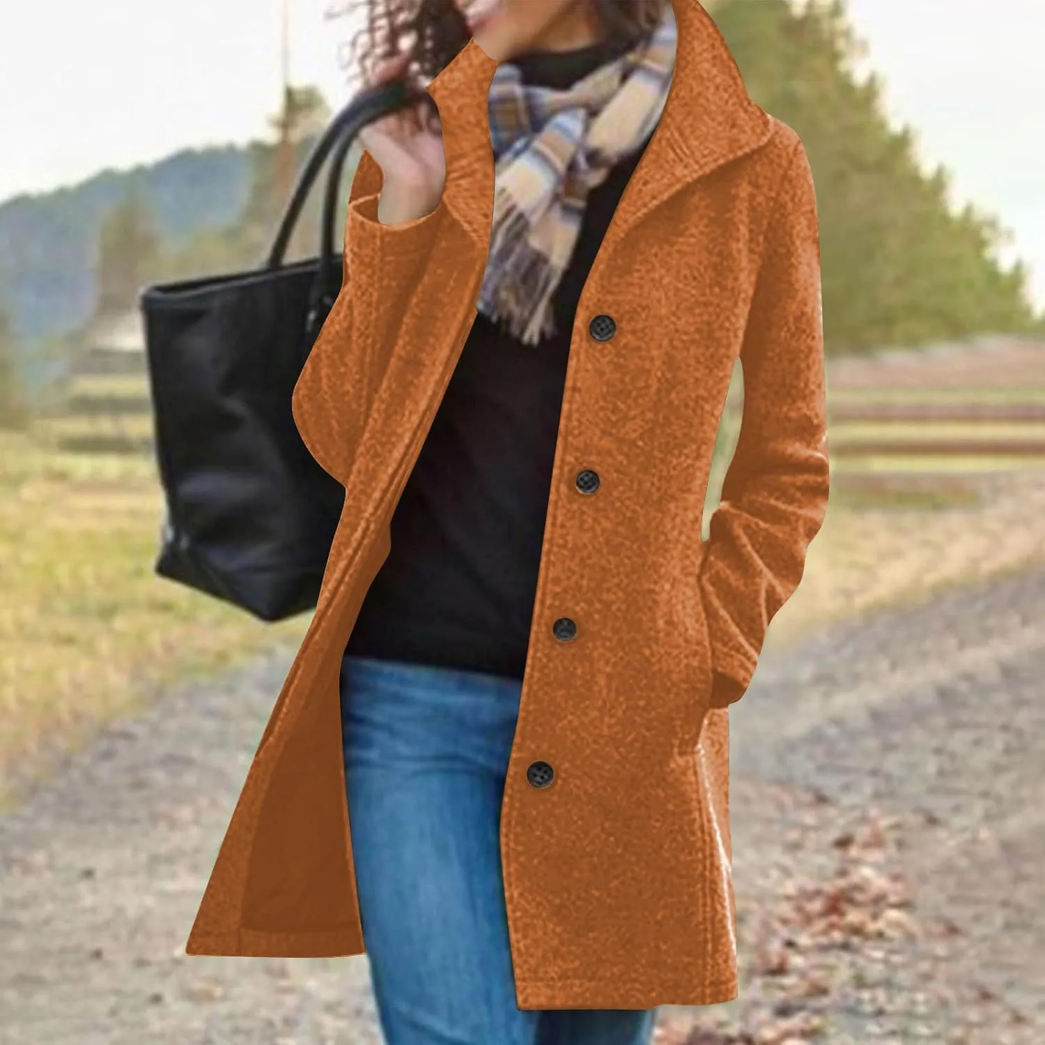 maisdgop Trench Coat Women Faux Wool Single Breasted Pea Coat Mid Length Jackets Oversized Loose Long Sleeve Windbreaker