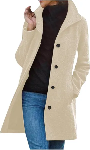 maisdgop Trench Coat Women Faux Wool Single Breasted Pea Coat Mid Length Jackets Oversized Loose Long Sleeve Windbreaker