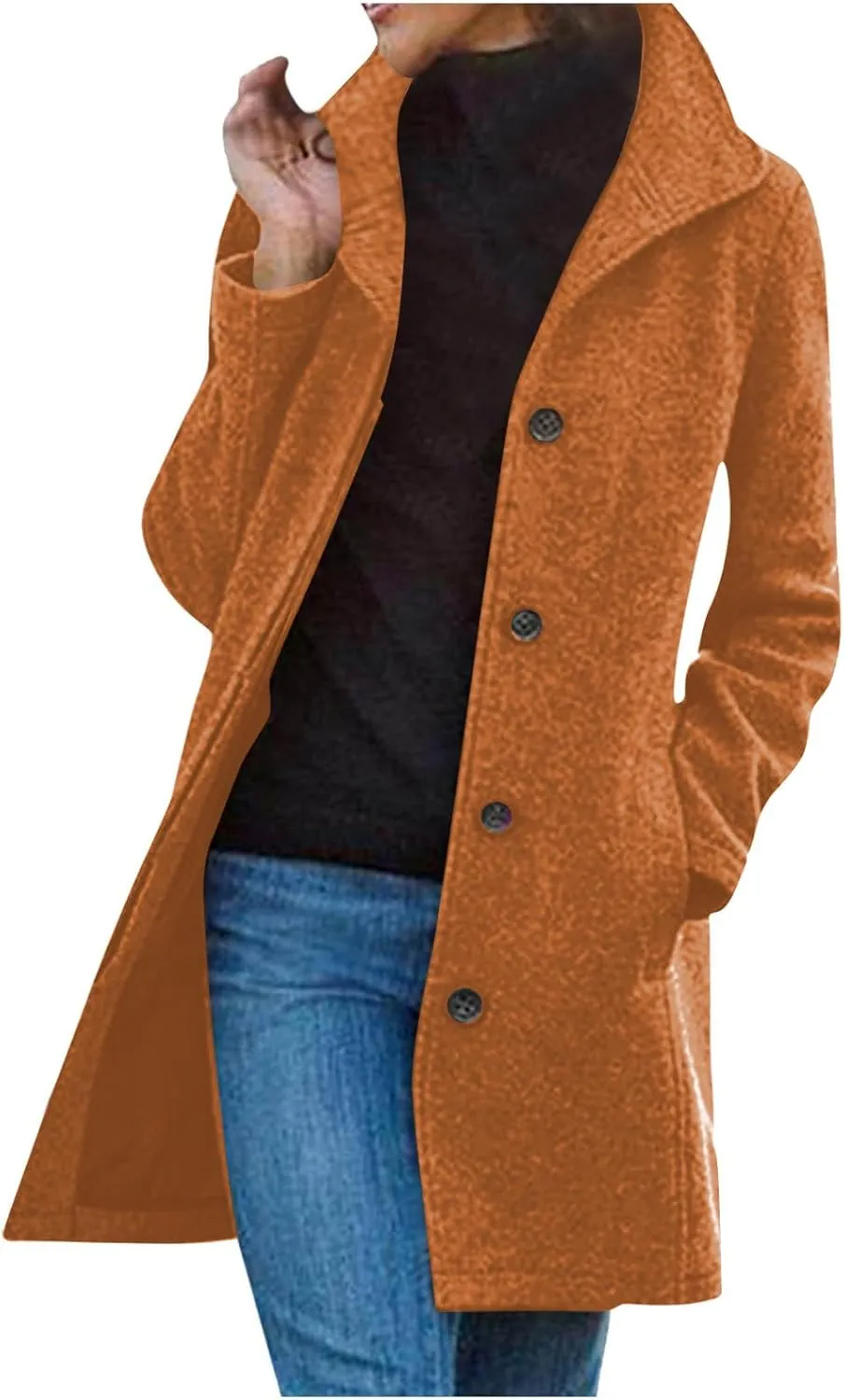 maisdgop Trench Coat Women Faux Wool Single Breasted Pea Coat Mid Length Jackets Oversized Loose Long Sleeve Windbreaker