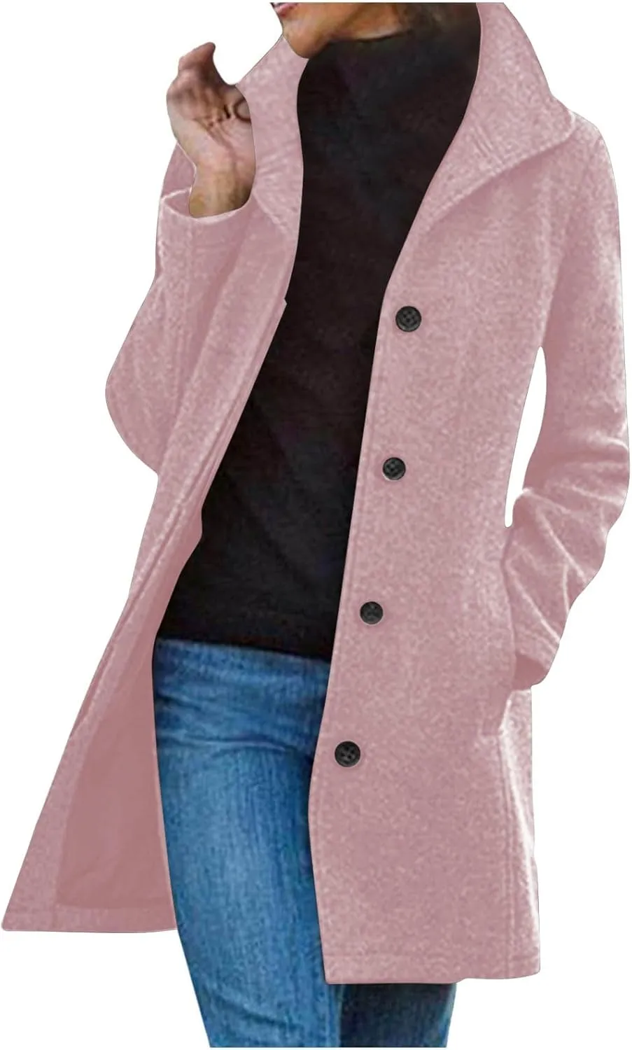 maisdgop Trench Coat Women Faux Wool Single Breasted Pea Coat Mid Length Jackets Oversized Loose Long Sleeve Windbreaker