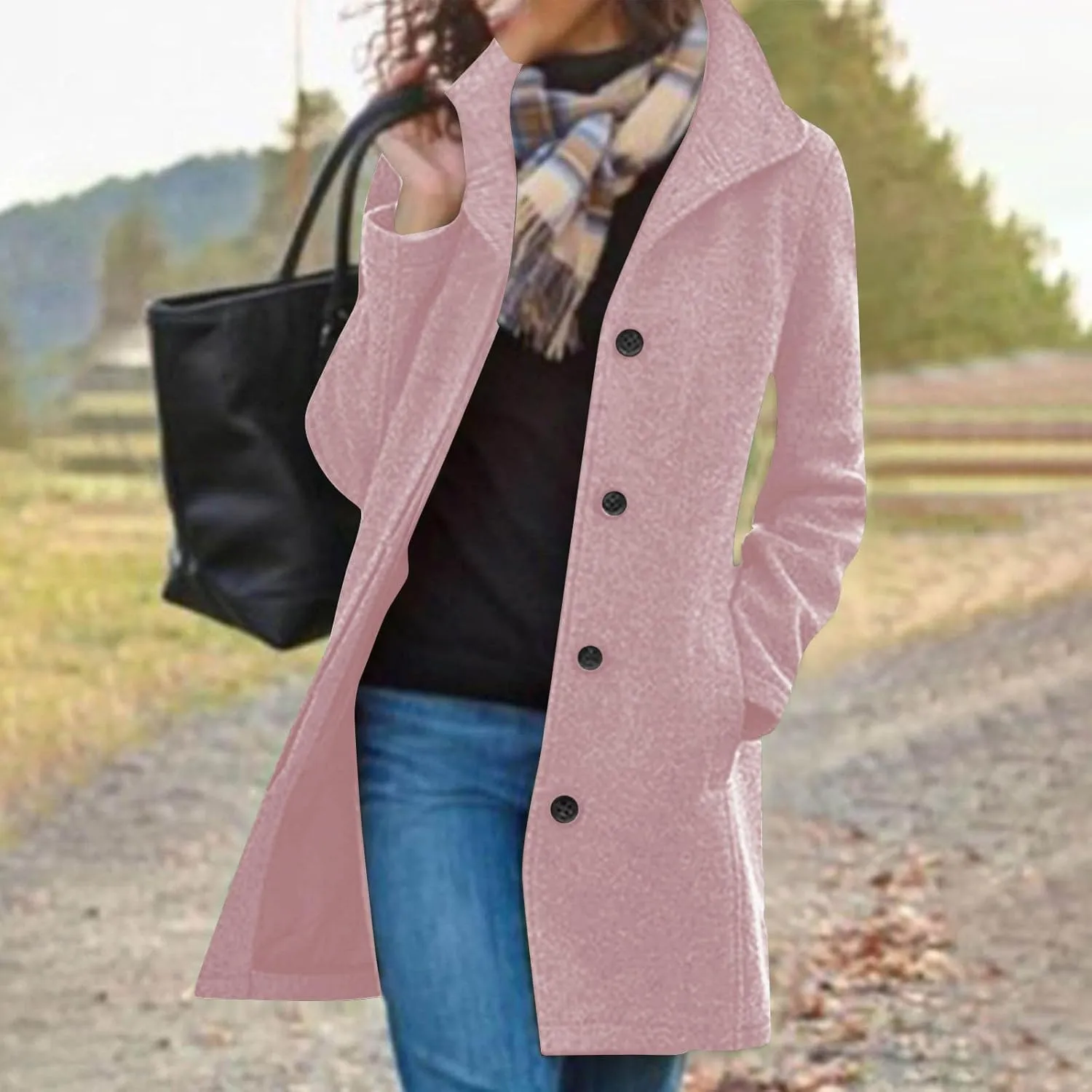 maisdgop Trench Coat Women Faux Wool Single Breasted Pea Coat Mid Length Jackets Oversized Loose Long Sleeve Windbreaker
