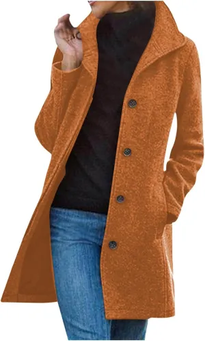 maisdgop Trench Coat Women Faux Wool Single Breasted Pea Coat Mid Length Jackets Oversized Loose Long Sleeve Windbreaker
