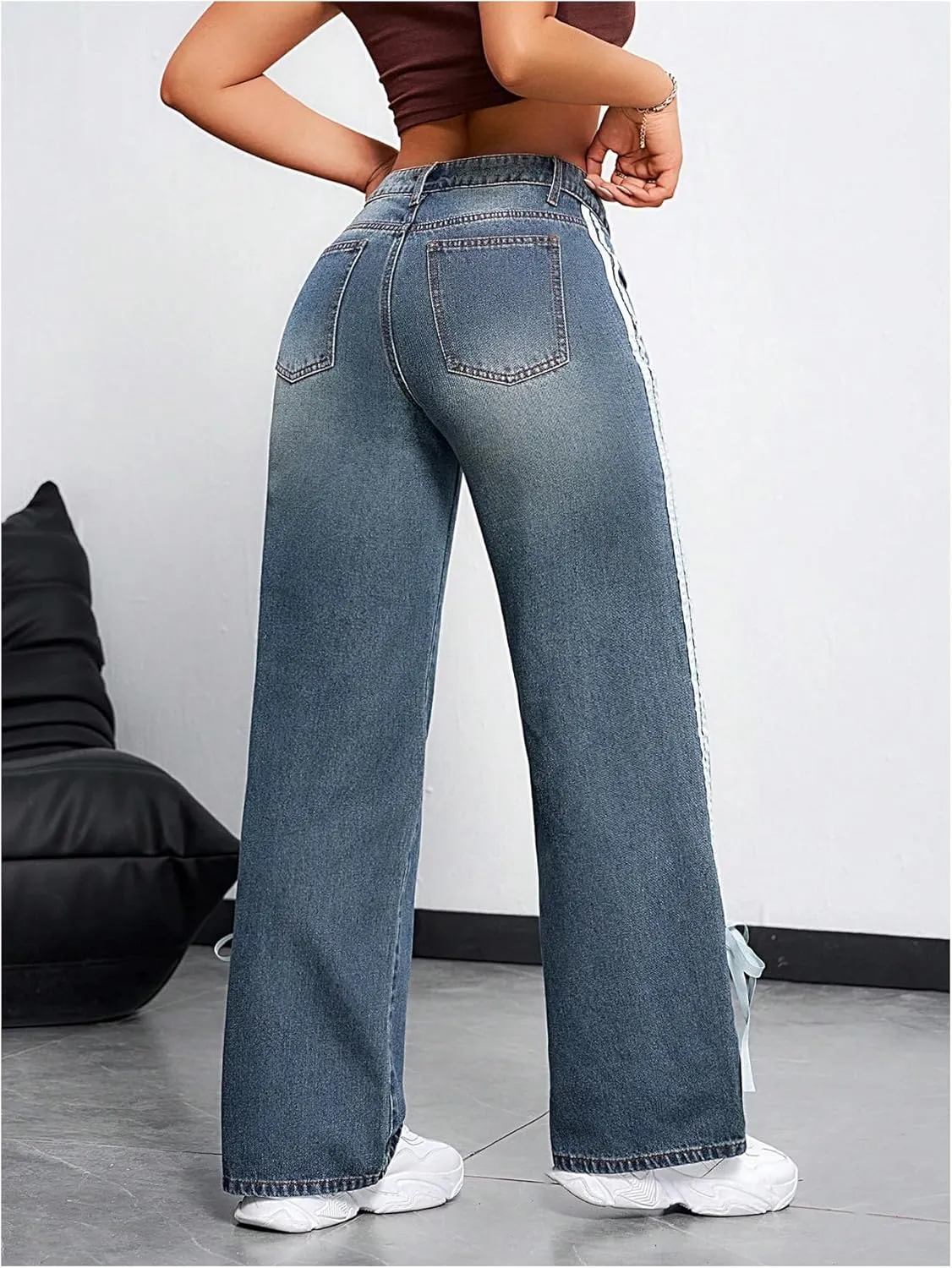MakeMeChic Women's Straight Wide Leg Denim Pants Striped Bow Rise Jeans with Pocket Y2K Streetwear