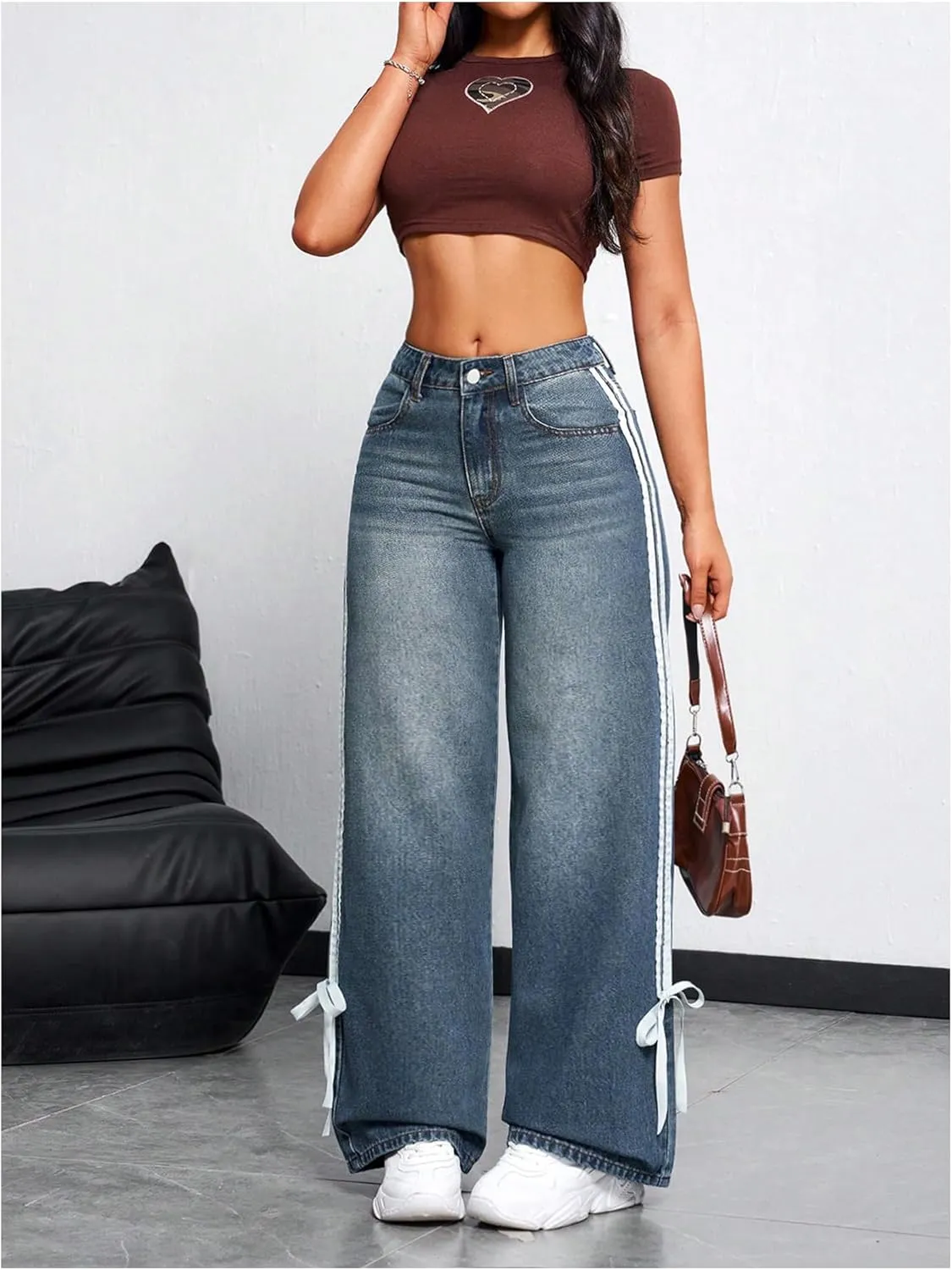 MakeMeChic Women's Straight Wide Leg Denim Pants Striped Bow Rise Jeans with Pocket Y2K Streetwear