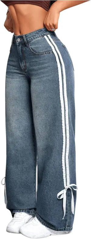MakeMeChic Women's Straight Wide Leg Denim Pants Striped Bow Rise Jeans with Pocket Y2K Streetwear