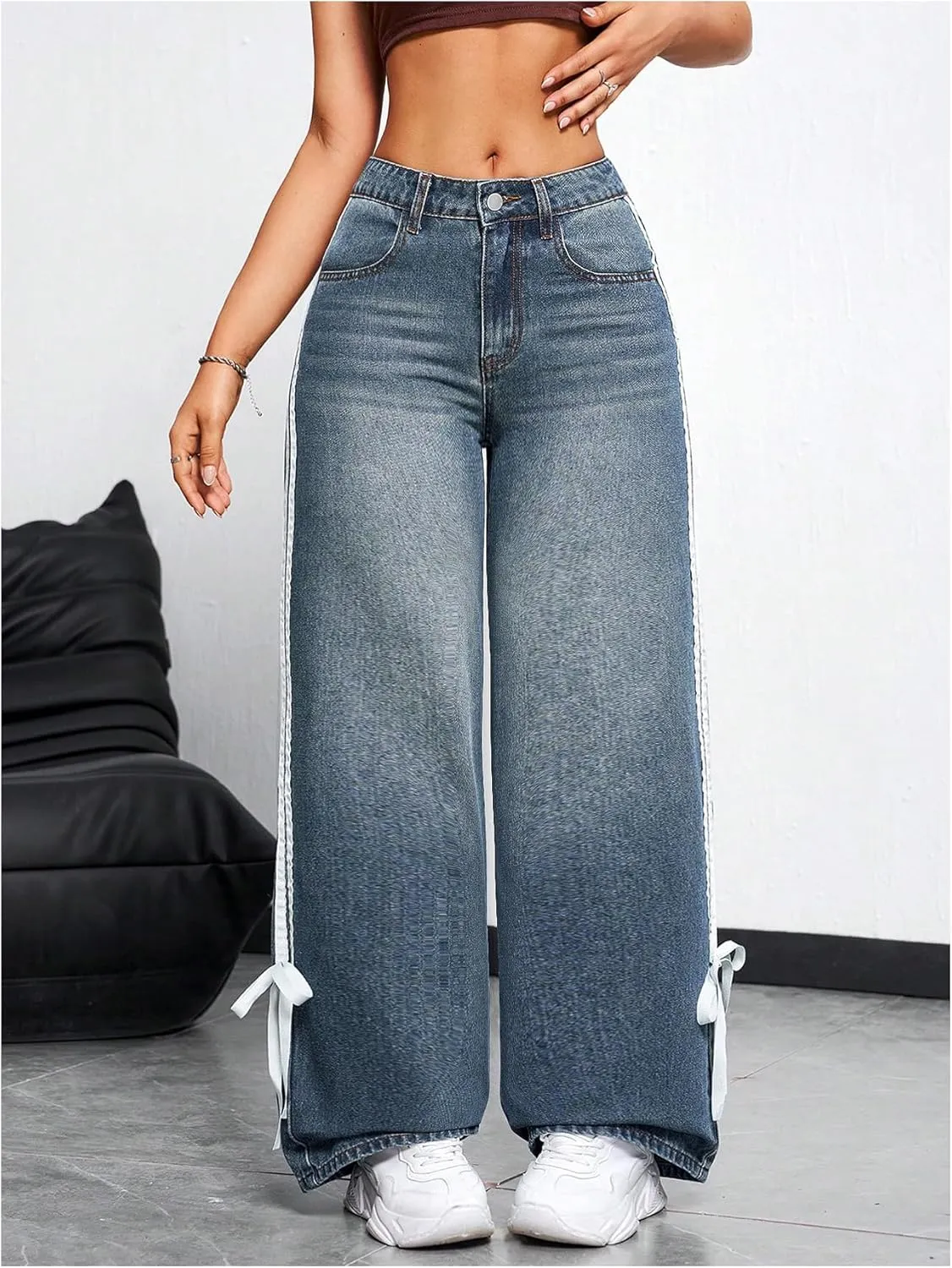MakeMeChic Women's Straight Wide Leg Denim Pants Striped Bow Rise Jeans with Pocket Y2K Streetwear