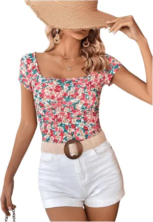 MakeMeChic Women's Summer Floral Print Square Neck Tee Shirt Short Sleeve Slim Fit Boho Shirts Top