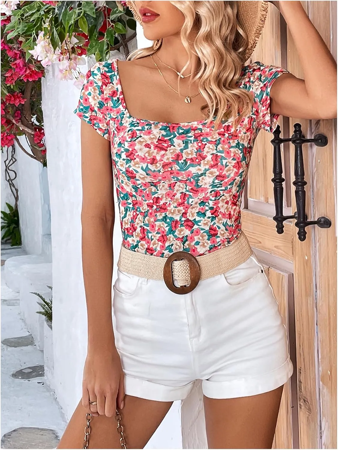 MakeMeChic Women's Summer Floral Print Square Neck Tee Shirt Short Sleeve Slim Fit Boho Shirts Top