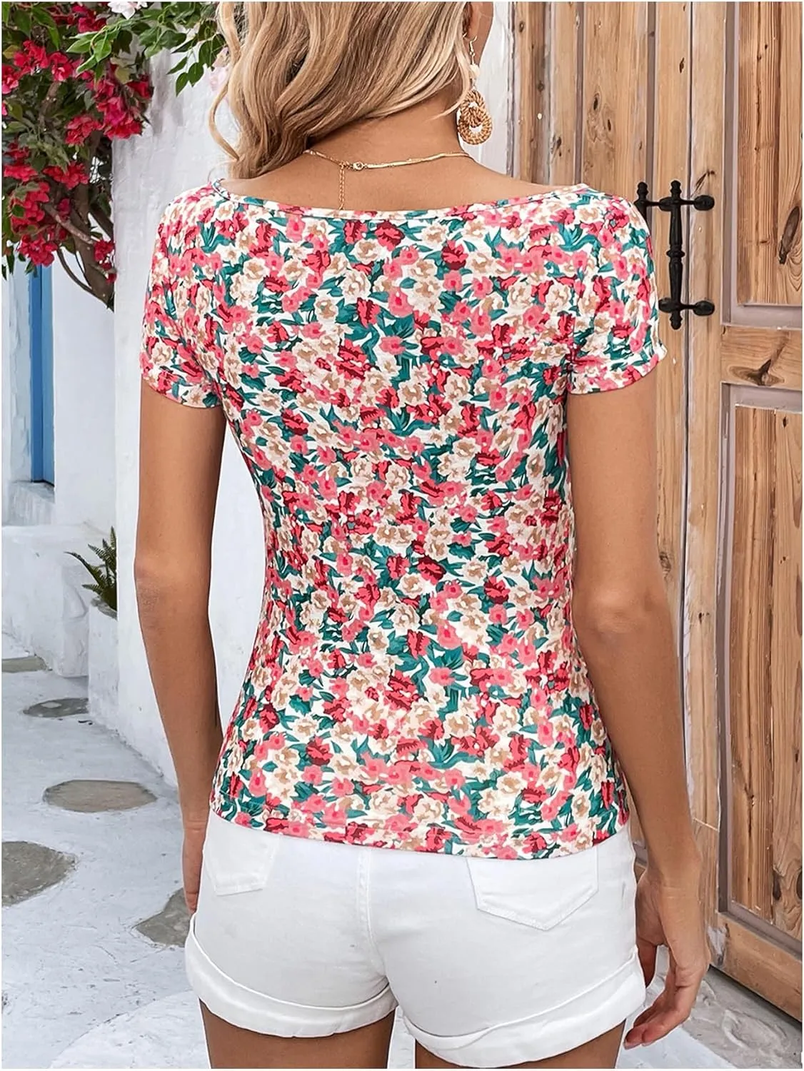 MakeMeChic Women's Summer Floral Print Square Neck Tee Shirt Short Sleeve Slim Fit Boho Shirts Top