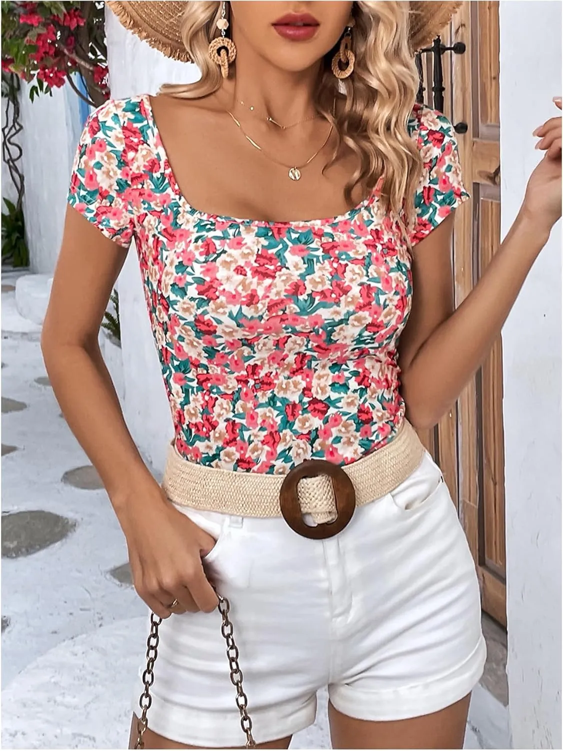 MakeMeChic Women's Summer Floral Print Square Neck Tee Shirt Short Sleeve Slim Fit Boho Shirts Top