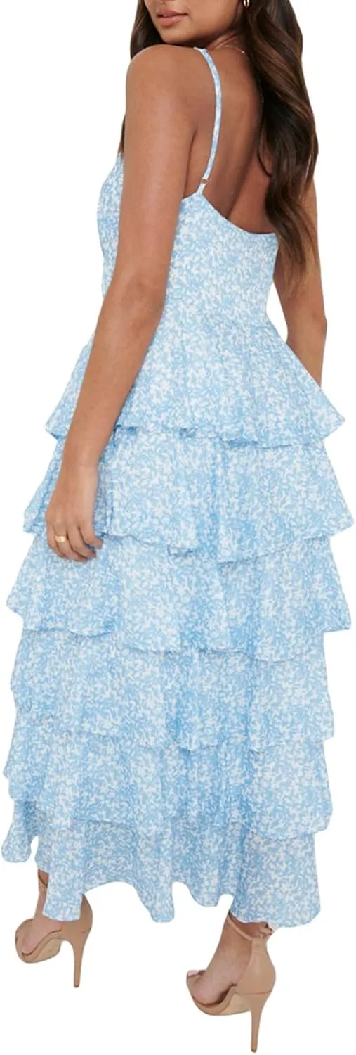 Melliflo Women's Boho Spaghetti Strap Floral Maxi Dress Layered Ruffle Deep V Neck Sundress Sleeveless Casual Summer Dresses