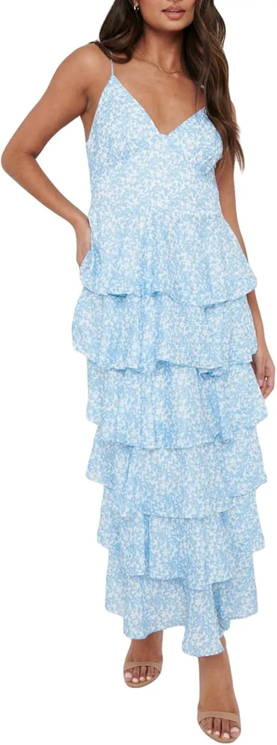Melliflo Women's Boho Spaghetti Strap Floral Maxi Dress Layered Ruffle Deep V Neck Sundress Sleeveless Casual Summer Dresses