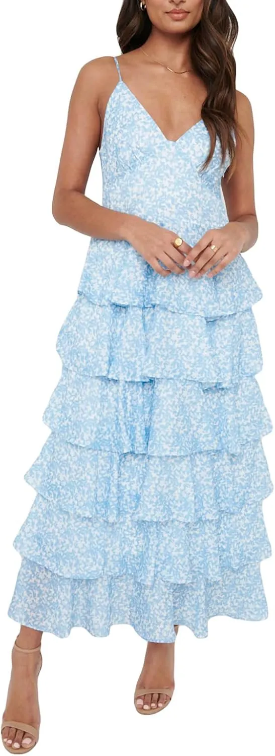 Melliflo Women's Boho Spaghetti Strap Floral Maxi Dress Layered Ruffle Deep V Neck Sundress Sleeveless Casual Summer Dresses