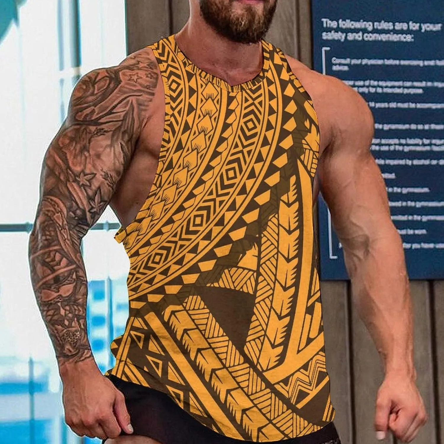 Men Polynesian Tribal Quick Dry Workout Tank Top Hawaiian Samoan Gym Muscle Tee Bodybuilding Sleeveless Shirt