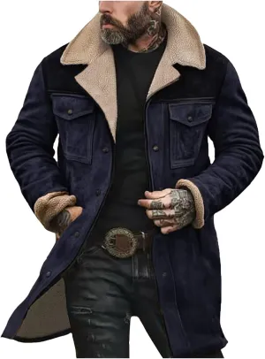 Men Suede Leather Jacket Winter Fur Shearling Duster Coat Retro Faux Leather Fleece Motorcycle Trucker Western Jacket