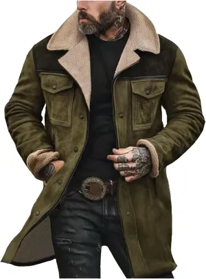 Men Suede Leather Jacket Winter Fur Shearling Duster Coat Retro Faux Leather Fleece Motorcycle Trucker Western Jacket