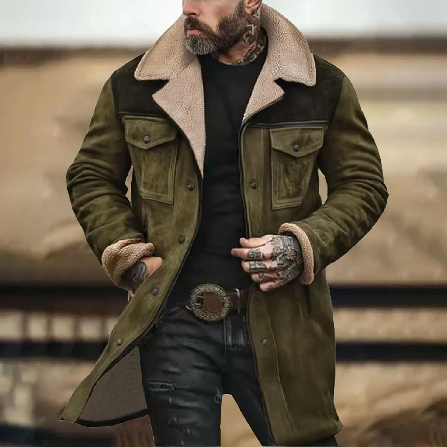 Men Suede Leather Jacket Winter Fur Shearling Duster Coat Retro Faux Leather Fleece Motorcycle Trucker Western Jacket
