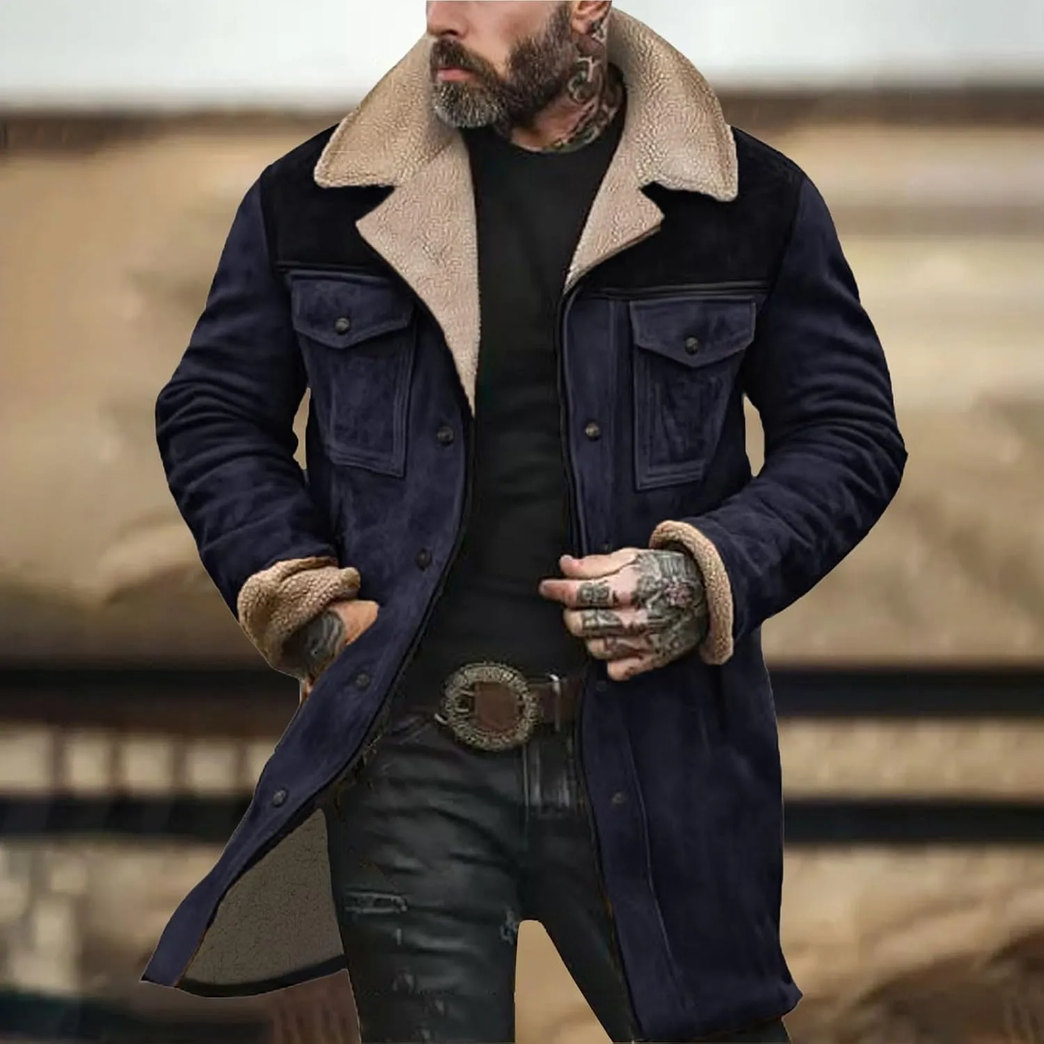 Men Suede Leather Jacket Winter Fur Shearling Duster Coat Retro Faux Leather Fleece Motorcycle Trucker Western Jacket
