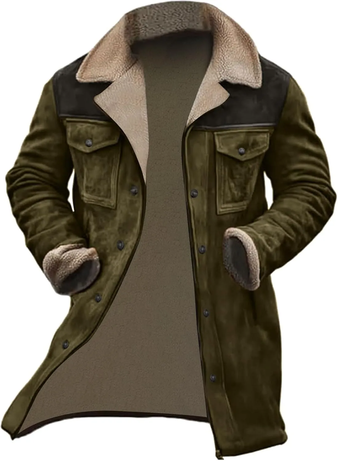Men Suede Leather Jacket Winter Fur Shearling Duster Coat Retro Faux Leather Fleece Motorcycle Trucker Western Jacket