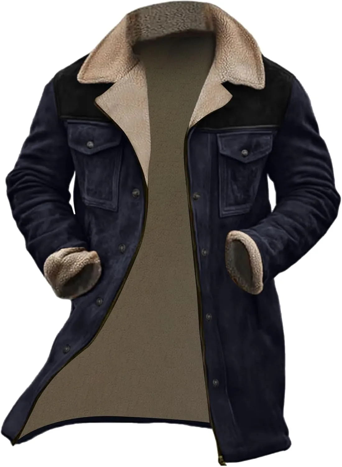 Men Suede Leather Jacket Winter Fur Shearling Duster Coat Retro Faux Leather Fleece Motorcycle Trucker Western Jacket