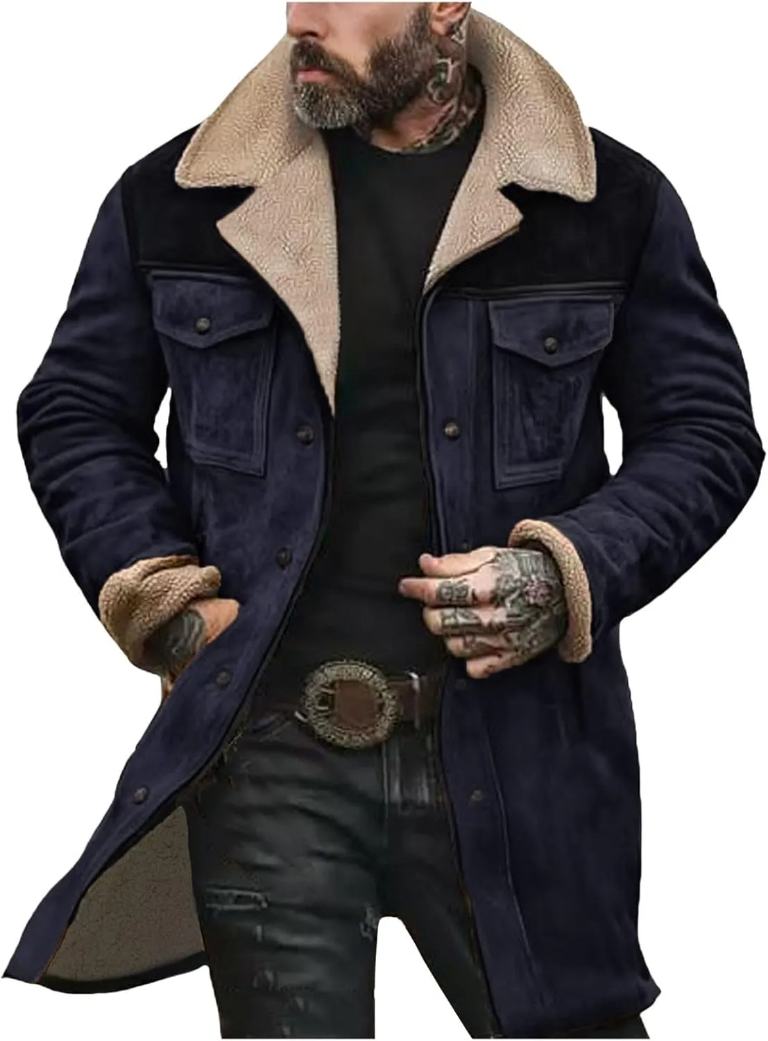 Men Suede Leather Jacket Winter Fur Shearling Duster Coat Retro Faux Leather Fleece Motorcycle Trucker Western Jacket