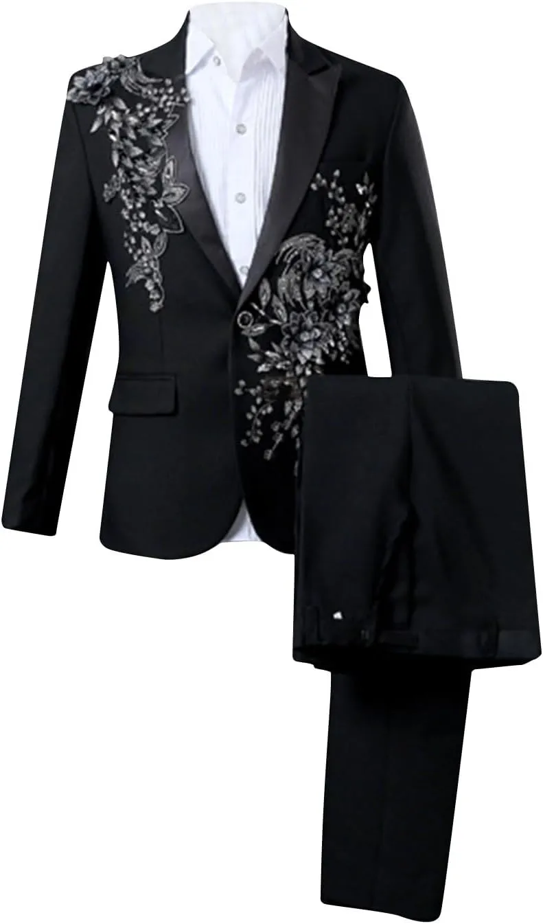 Mens 2 Pieces Luxury Applique Suits 1 Button Print Dinner Tuxedo Jacket Prom Wedding Elegant Blazer Dress Suit