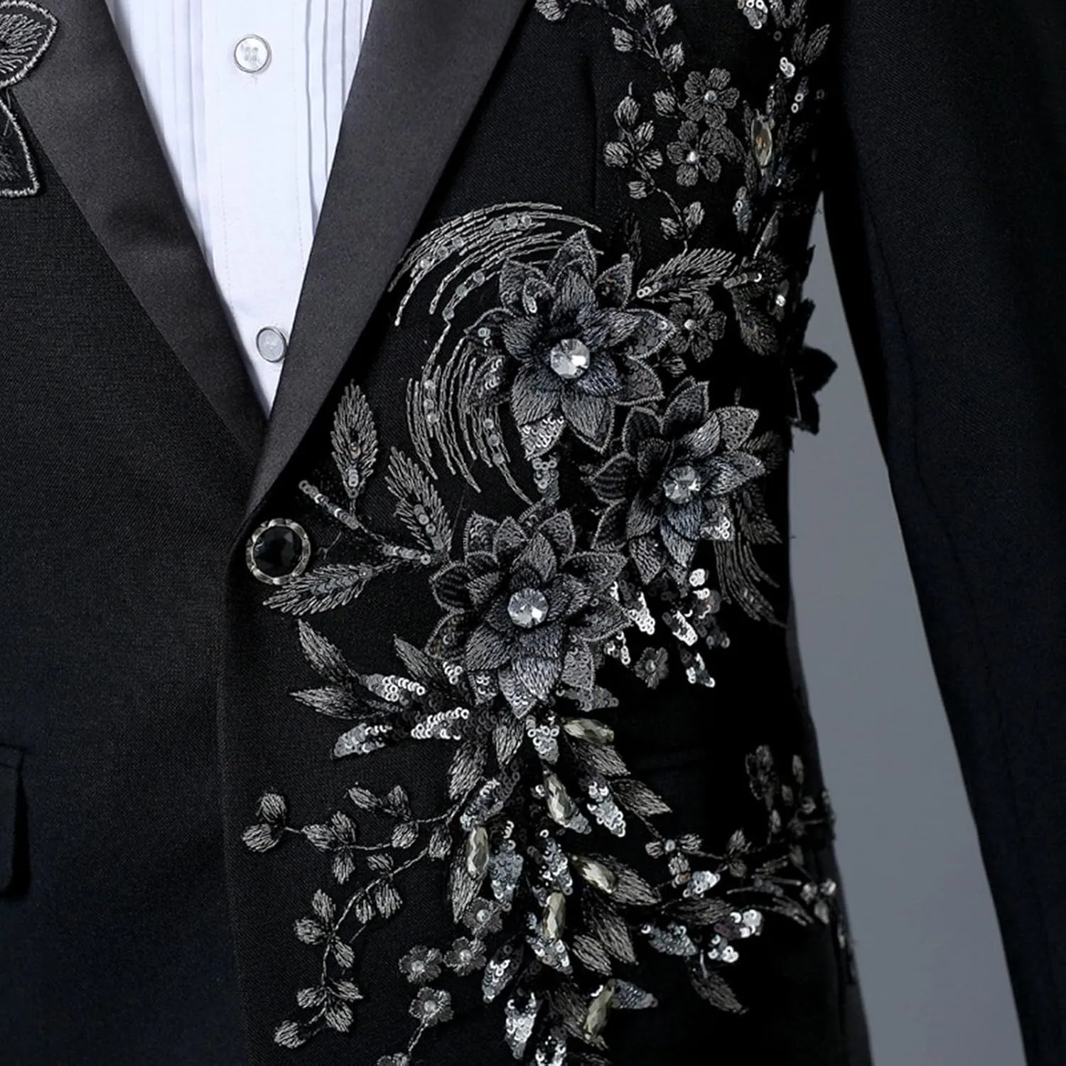 Mens 2 Pieces Luxury Applique Suits 1 Button Print Dinner Tuxedo Jacket Prom Wedding Elegant Blazer Dress Suit