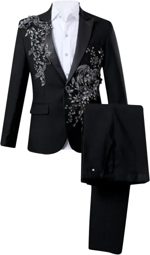 Mens 2 Pieces Luxury Applique Suits 1 Button Print Dinner Tuxedo Jacket Prom Wedding Elegant Blazer Dress Suit