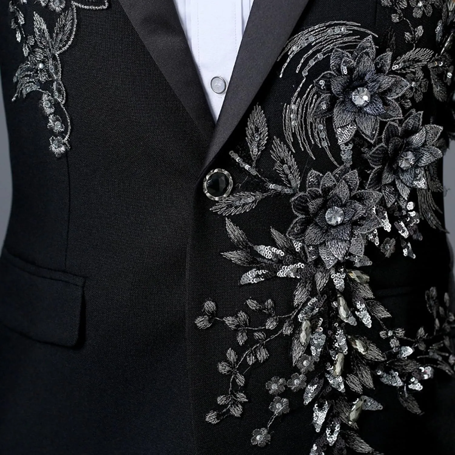 Mens 2 Pieces Luxury Applique Suits 1 Button Print Dinner Tuxedo Jacket Prom Wedding Elegant Blazer Dress Suit