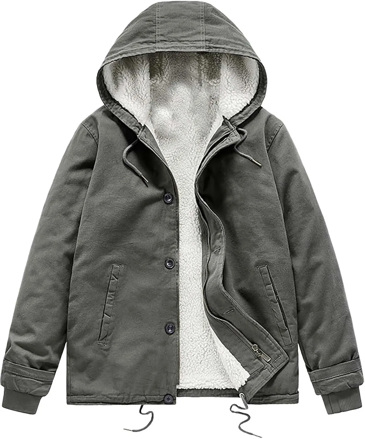 Mens Fleece Winter Coats Lambswool Warm Thick Hooded Parka Coats Pockets Drawstring Outdoor Padded Wark Cargo Jackets